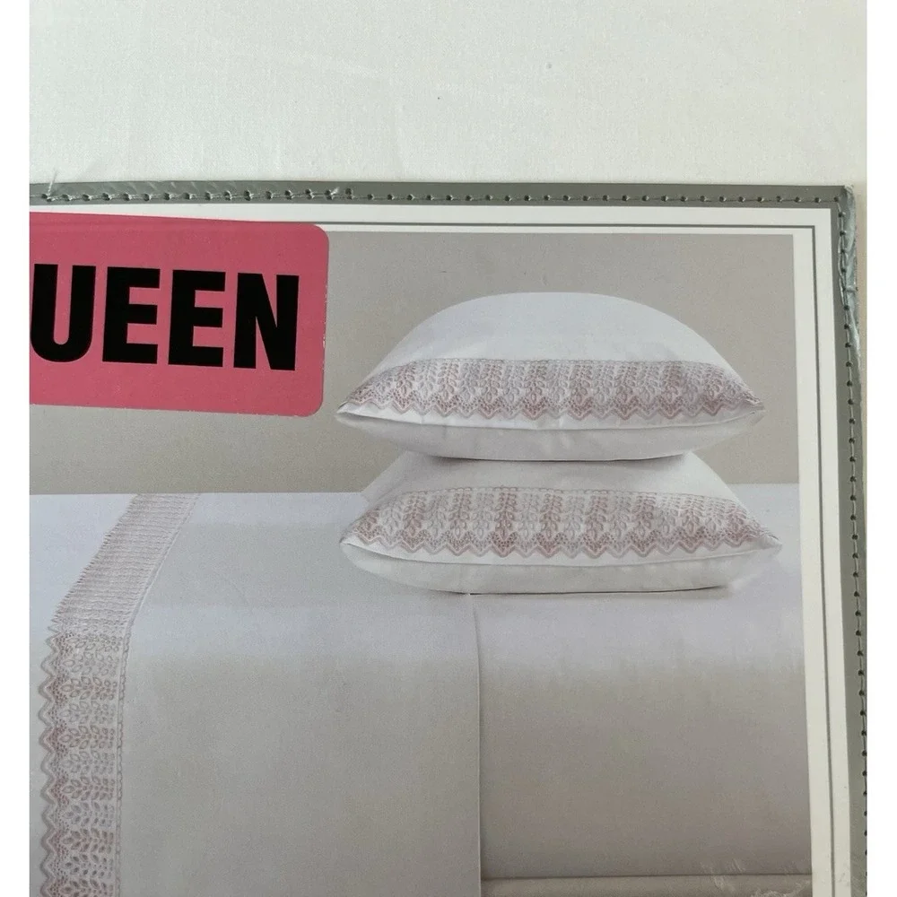 Rachel Ashwell Pink Embroidered Eyelet Hem QUEEN Sheet Set‎ White 100% Cotton
